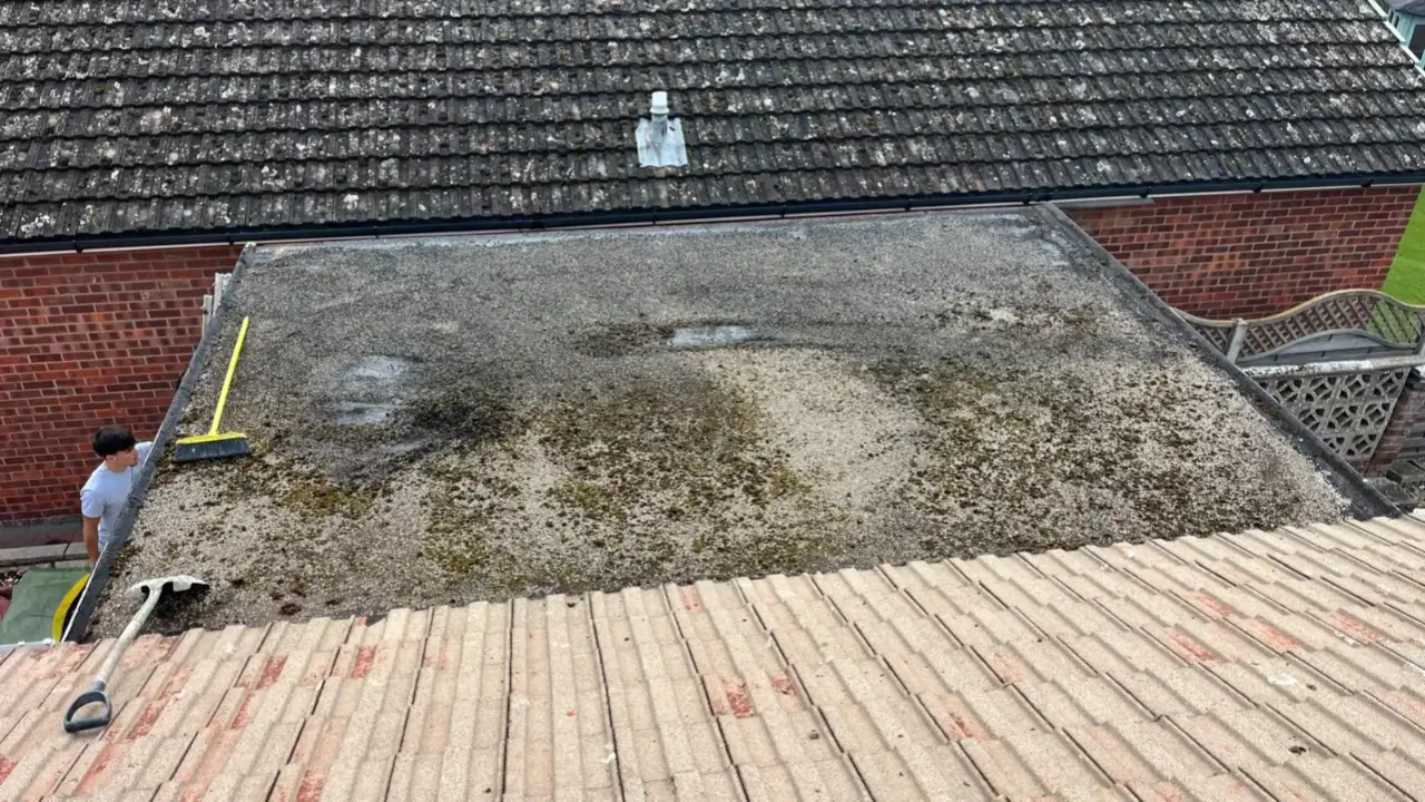 Before replacement - weathered and moss-covered flat roof on a single-storey extension. By Norfolk Exterior Solutions.
